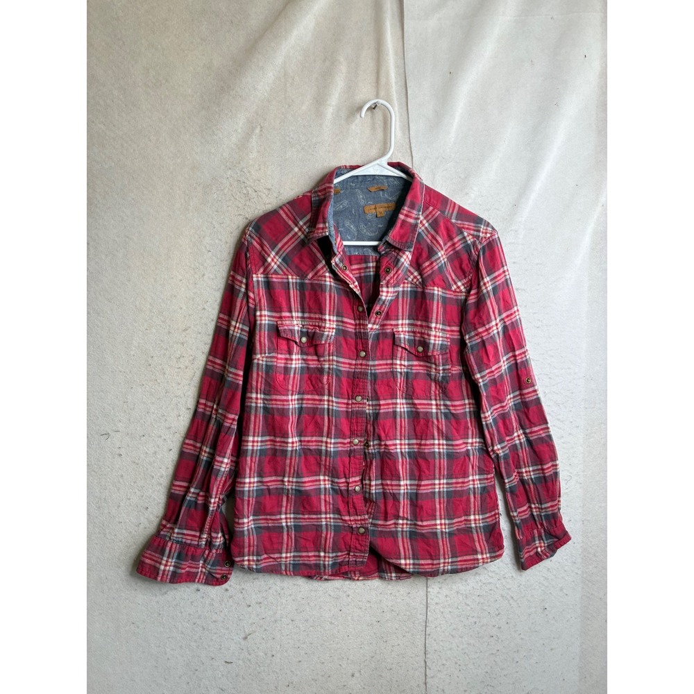 Jachs Girlfriend Red Plaid Western Snap Button Down Shirt Paisley Trim Medium